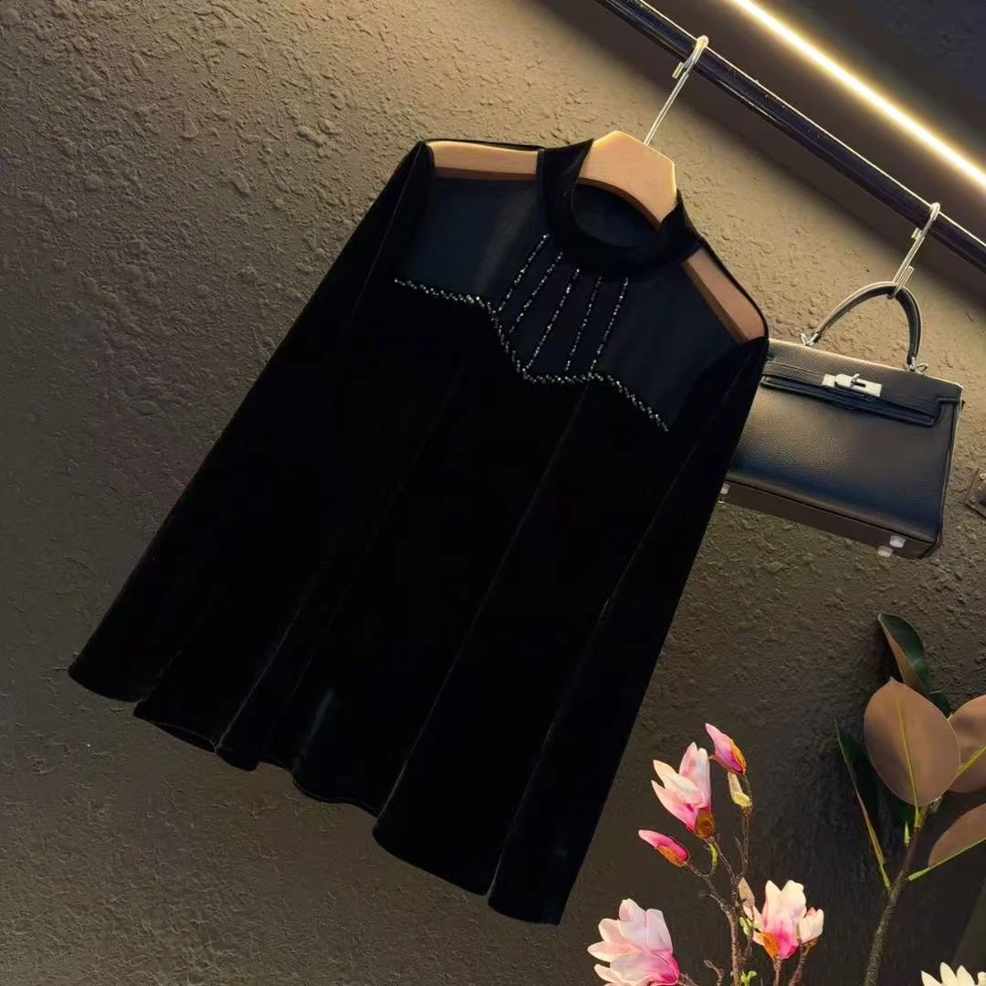 新款大码2025冬季重工拼接网纱洋气显瘦丝绒上衣/33539