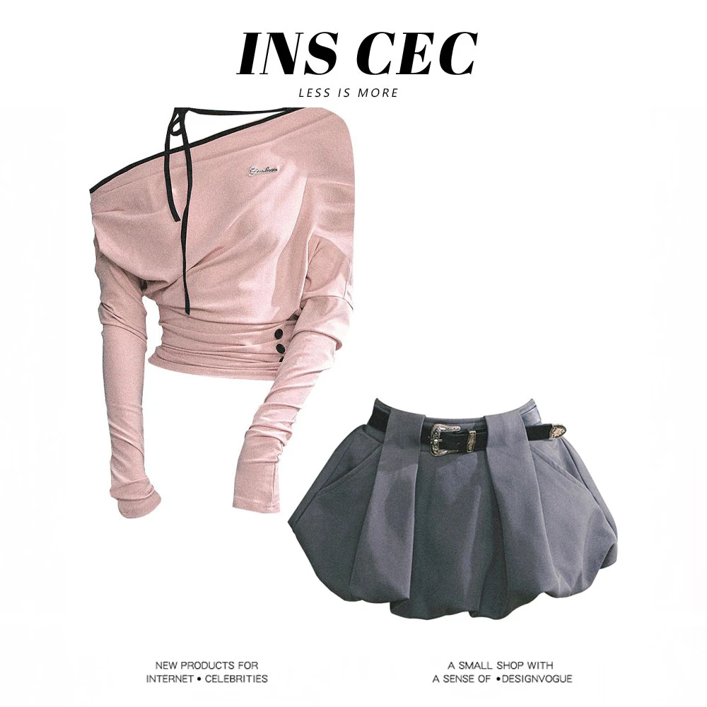 MARIE.COCO韩系长袖斜肩辣妹挂脖T恤秋收腰显瘦上衣搭半身裙套装