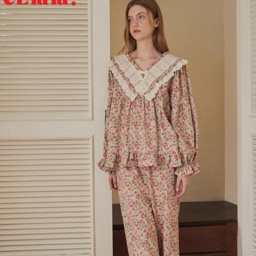 ULLALA 乌拉拉 秋冬蕾丝边碎花v领长袖家居服套装