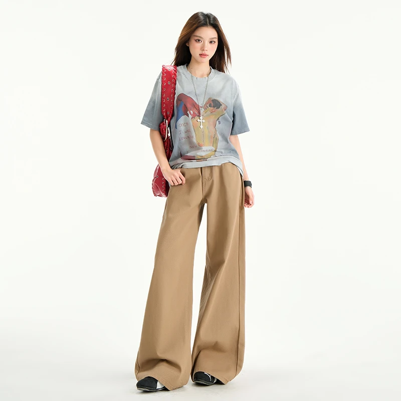 2025新款美式复古阔腿牛仔裤女春夏宽松小众铁棕色美拉德垂感裤