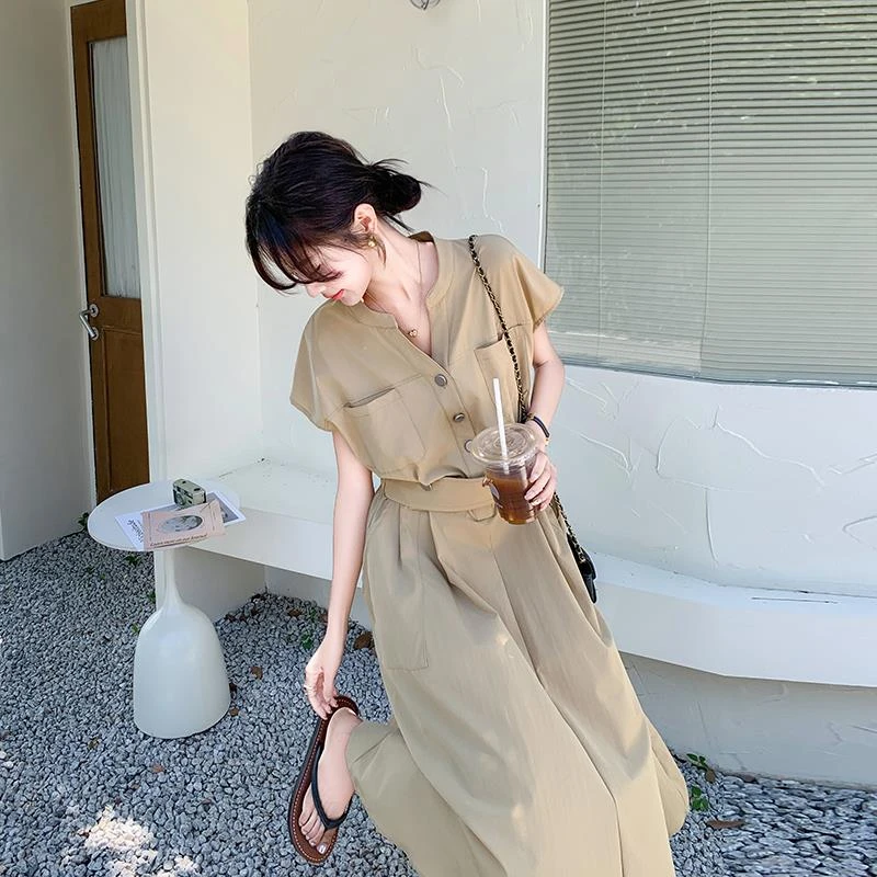 法芬图设计感韩系气质连衣裙女夏季2025年新款轻熟风高腰过膝长裙