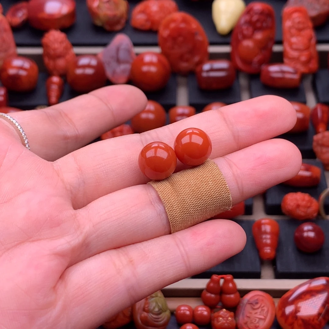 南红玛瑙未镶嵌川料高品原矿圆珠对珠10.8mm