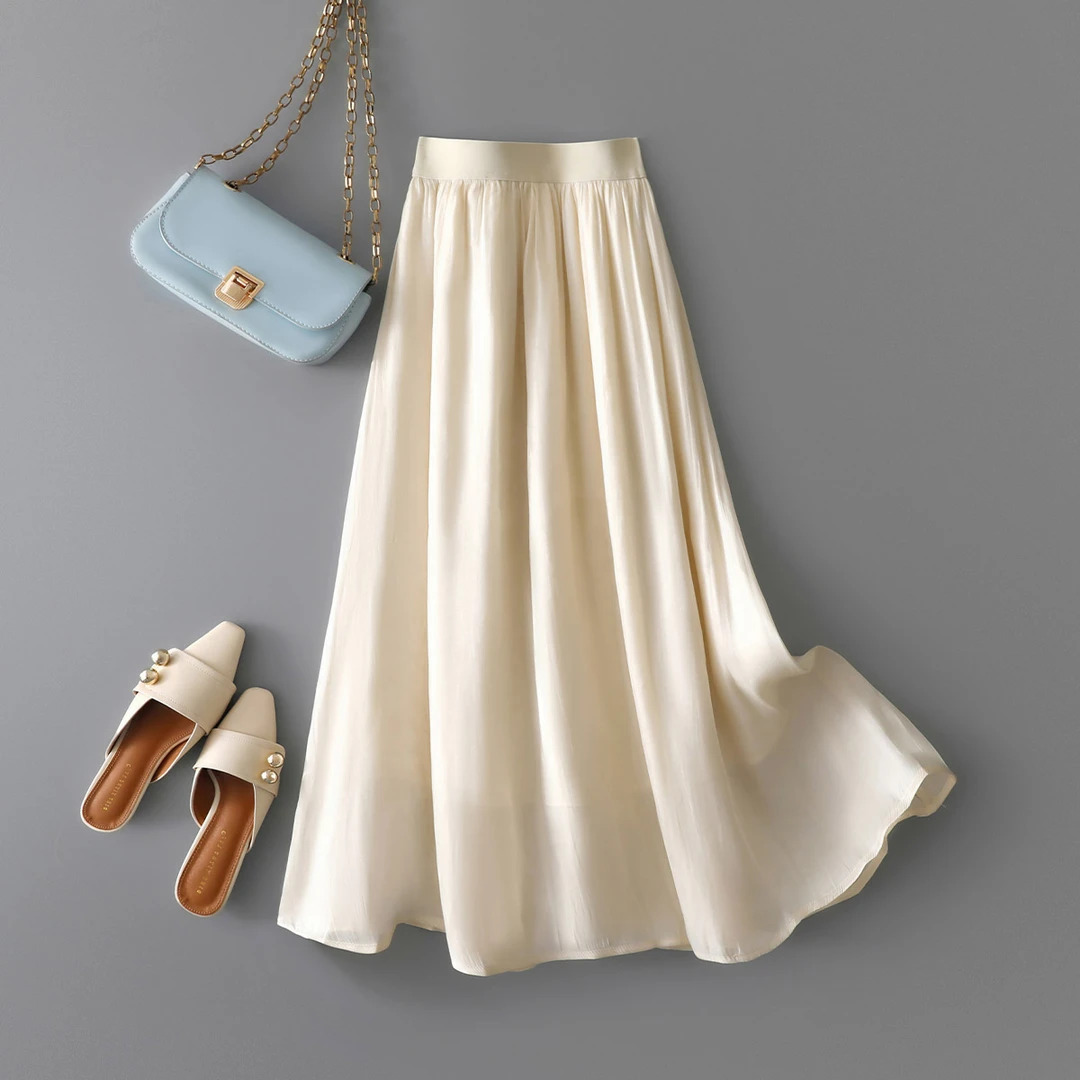 XWI/欣未中长款轻薄飘逸半身裙25夏高腰显瘦白色雪纺百褶裙14002