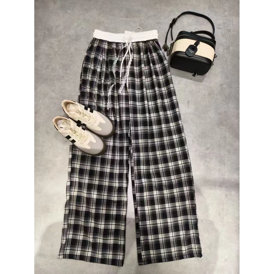 W2891王仙女 慵懒风复古格子休闲裤秋松紧腰阔腿裤