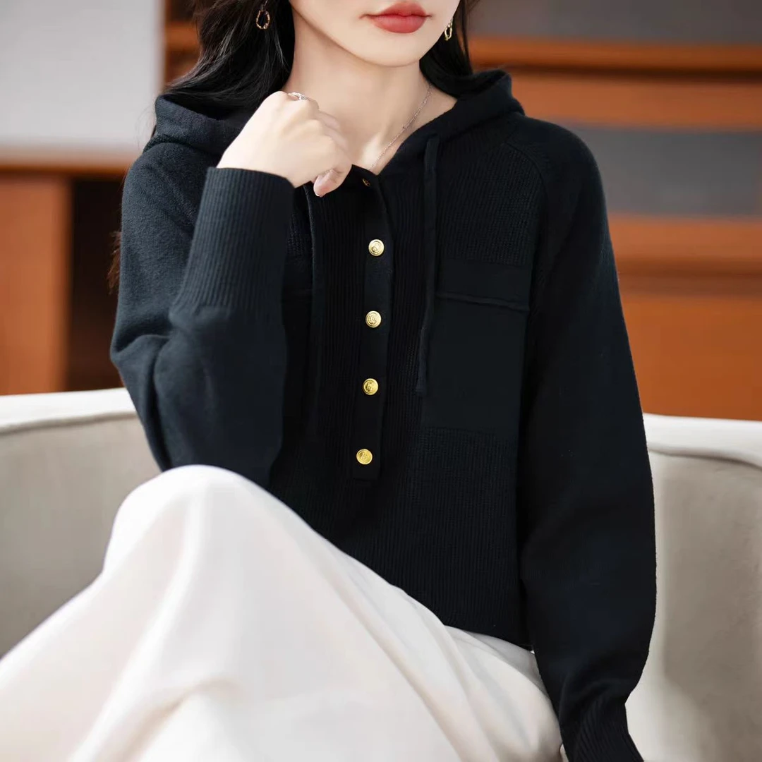 【纽扣连帽】法式气质秋冬新款休闲抽绳连帽针织衫女毛衣套头卫衣