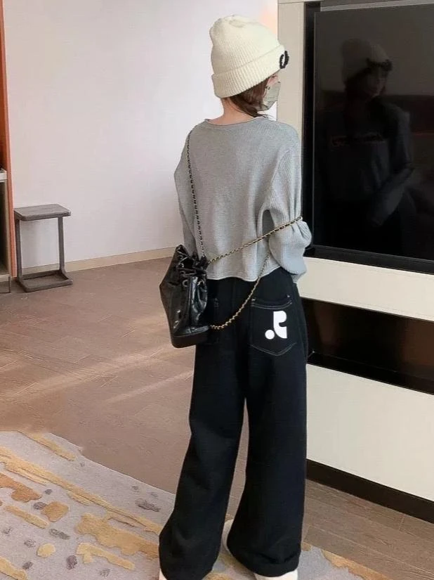 XD-刘宪华秋冬~双R加绒休闲潮牌长裤韩原单RR宽松卫裤-8373