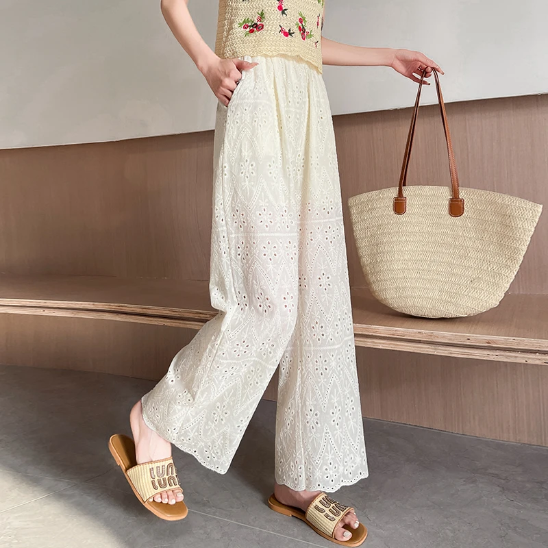 白色窄版直筒阔腿裤女夏季薄款宽松镂空蕾丝高腰显瘦休闲九分裤子