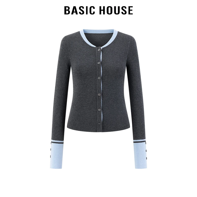 百家好/Basic House圆领撞色针织开衫女气质通勤修身显瘦软糯上衣