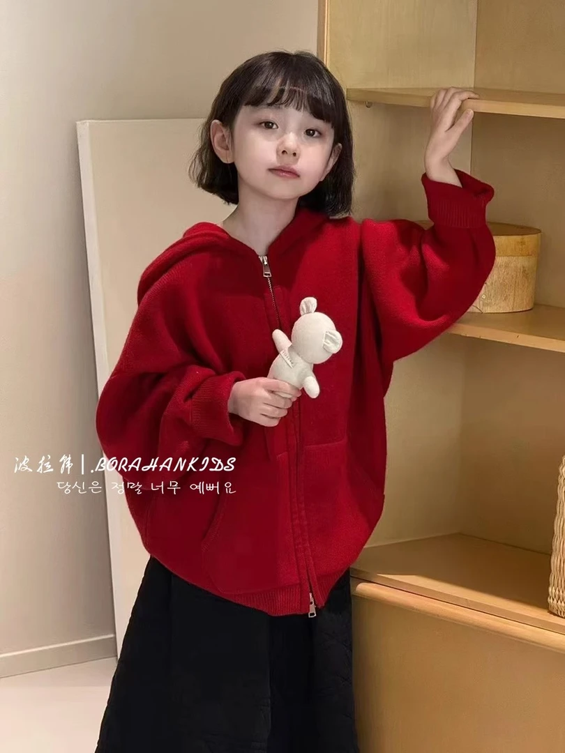 BORAHANKIDS今夕复何夕-针织外套2025儿童纯色中大童拉链开衫