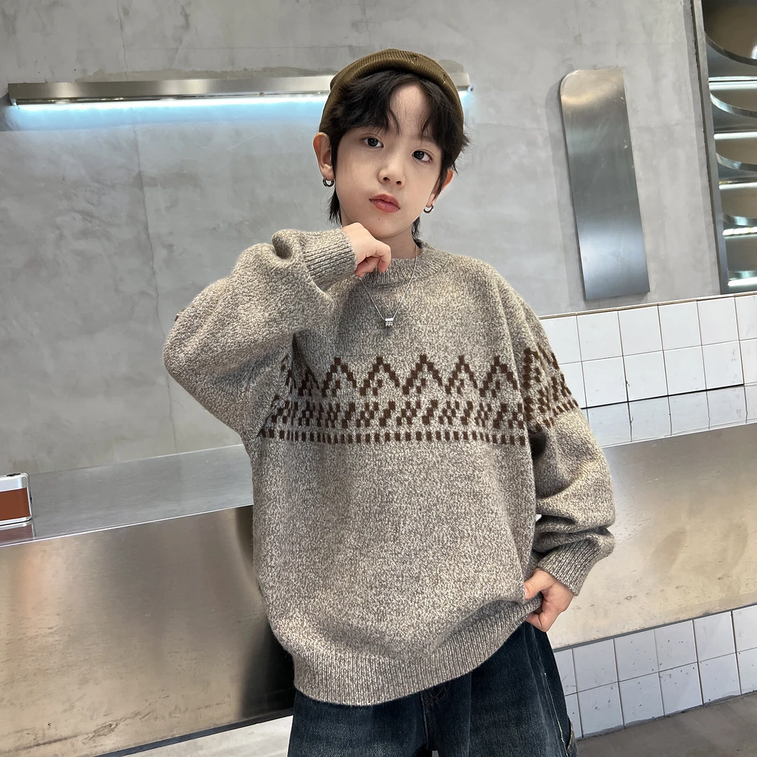 2025全新冬款男童中大童套头圆领加厚慵懒风百搭休闲保暖优质毛衣