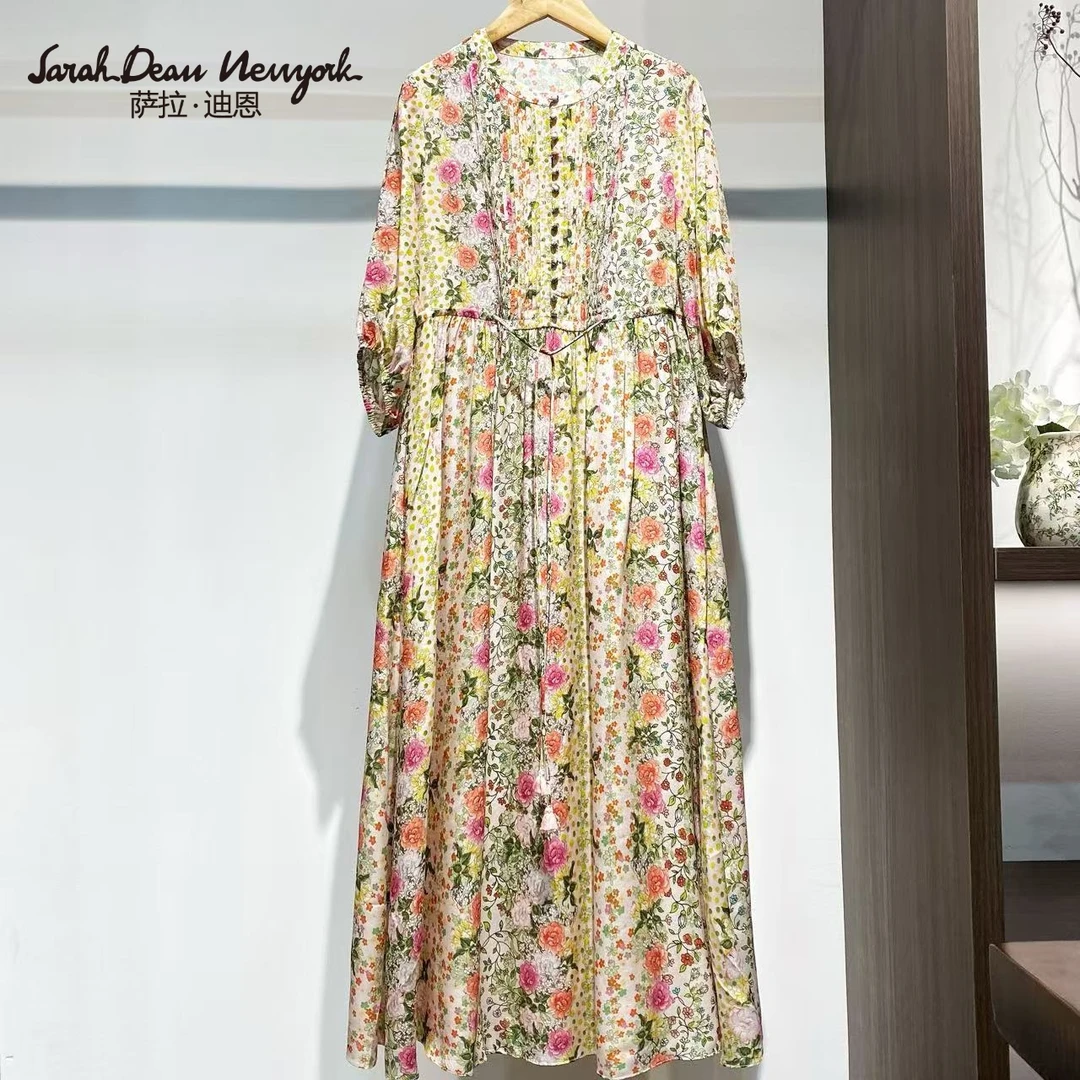 【萨拉迪恩】桑蚕丝时尚连衣裙碎花中长裙夏季收腰休闲百搭