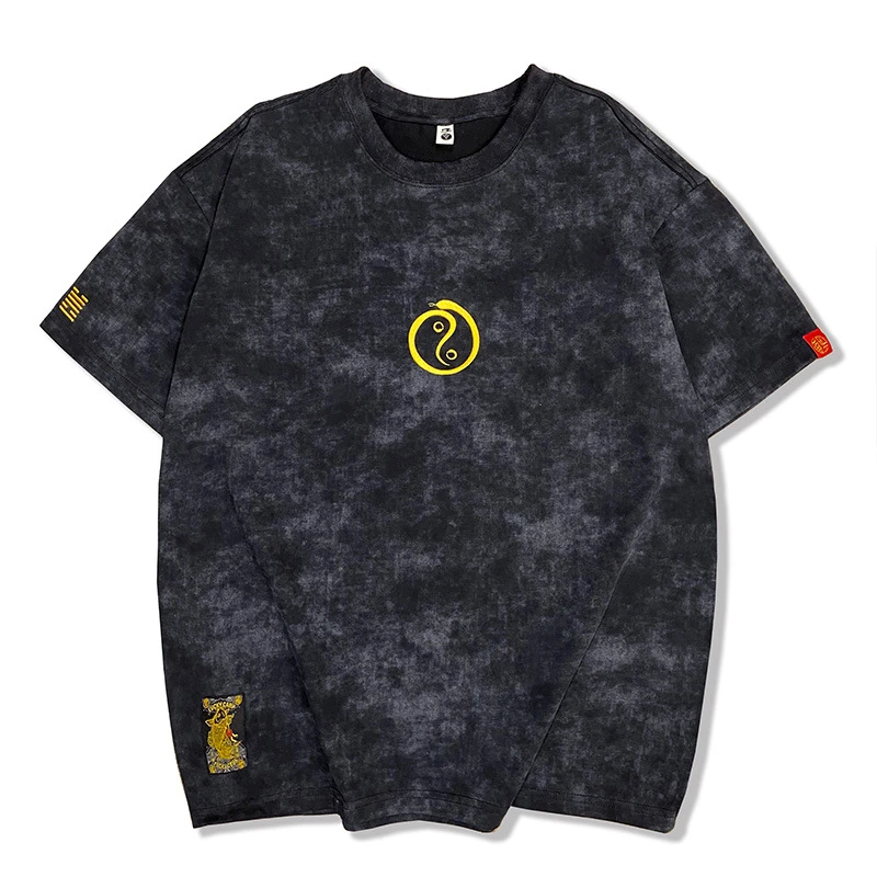 蛇年国潮圆领短袖T恤男款爆款2025新款高档水洗宽松休闲国风男装t