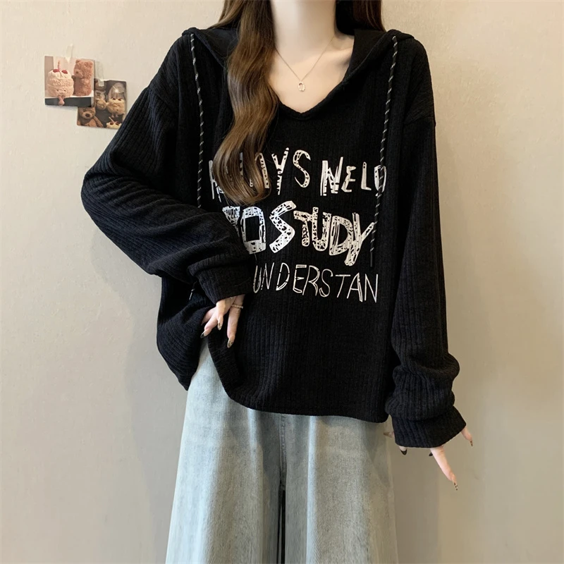 大码女装遮肚子慵懒风印花长袖卫衣女春秋胖mm宽松显瘦连帽上衣潮