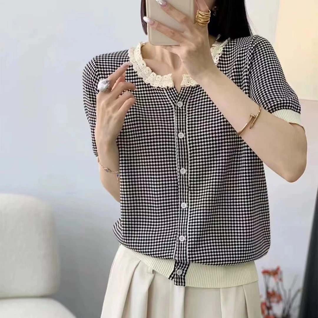 （玉姐家）洋气减龄显瘦千鸟格短袖开衫f1464 J03304