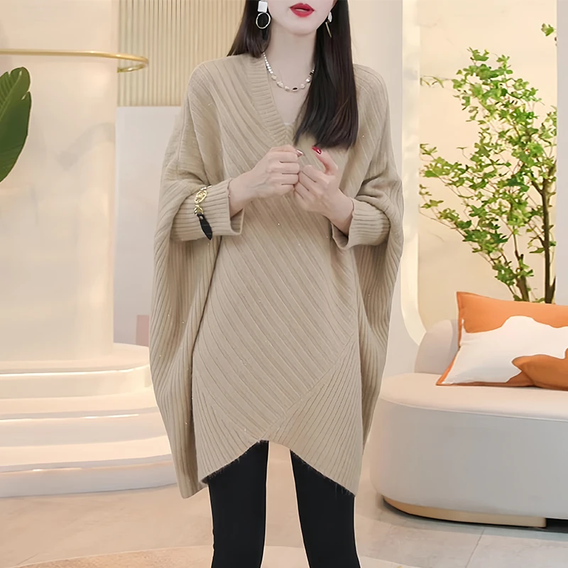中长款遮屁股毛衣女士秋冬2024新款宽松显瘦大码针织不规则蝙蝠衫