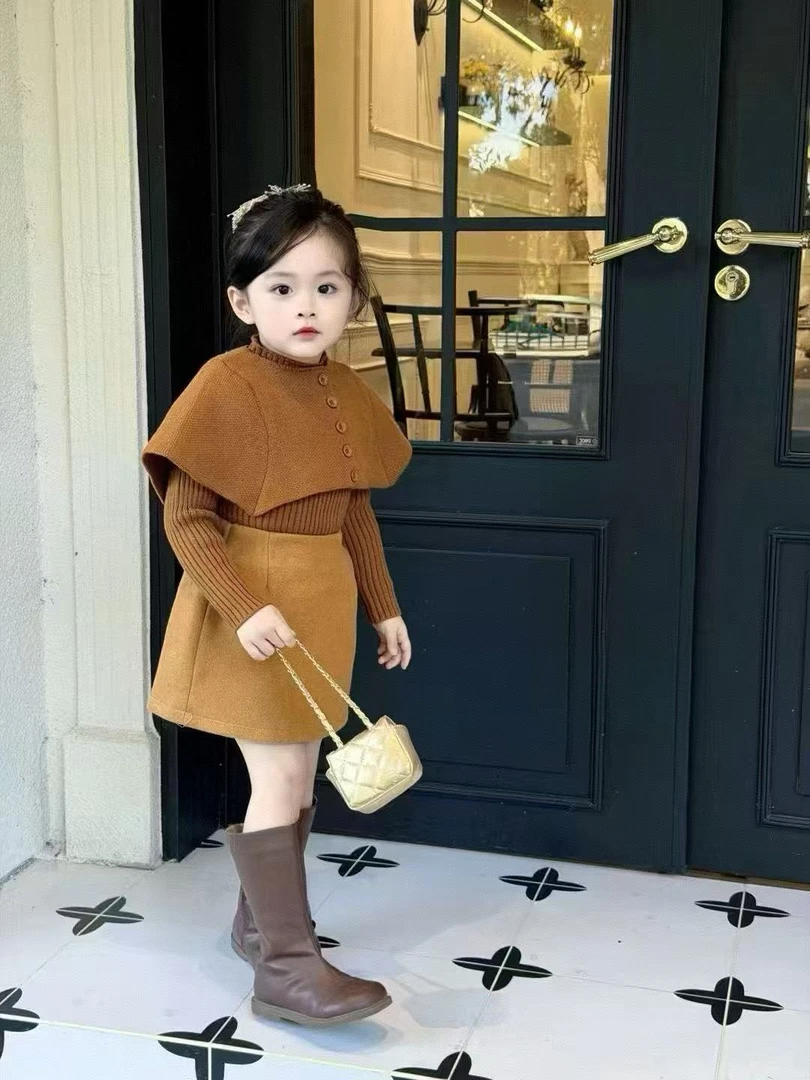 儿童法式纯色长袖套装百搭圆领毛衣女宝可爱时尚三件套WZ6210