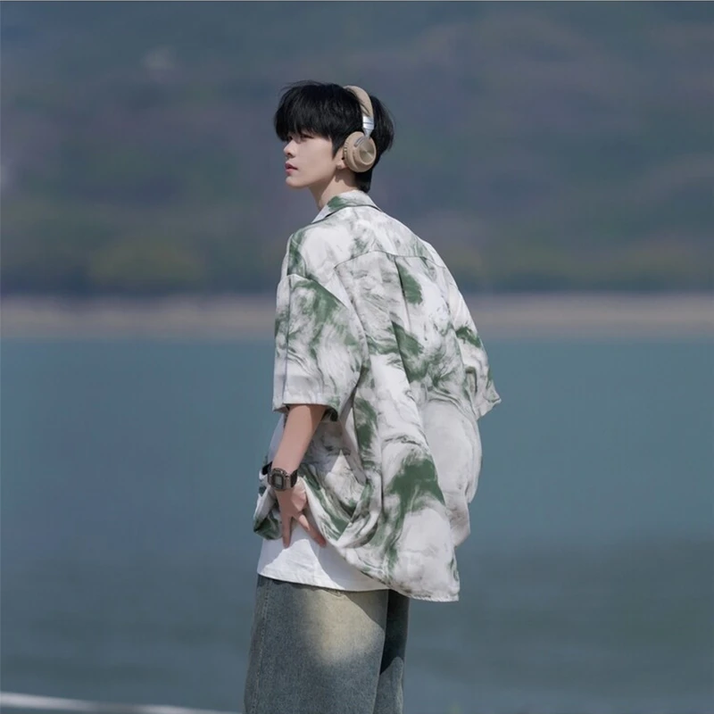 冰丝短袖衬衫男士夏季薄款扎染花衬衫潮牌慵懒风衬衣宽松翻领外套
