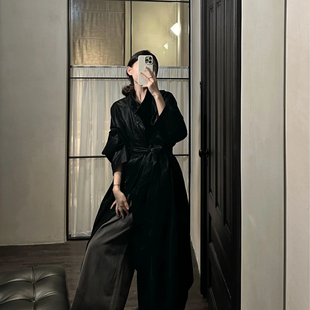 25秋冬新款美式长款时尚通勤风衣长款皮衣外套女