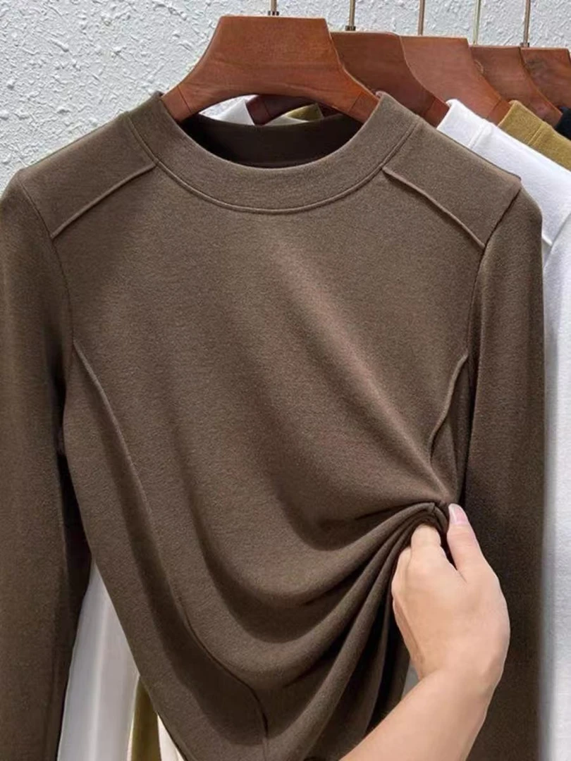 85055#长袖t恤2025秋冬修身显瘦内搭外穿纯色圆领磨毛加厚打底衫