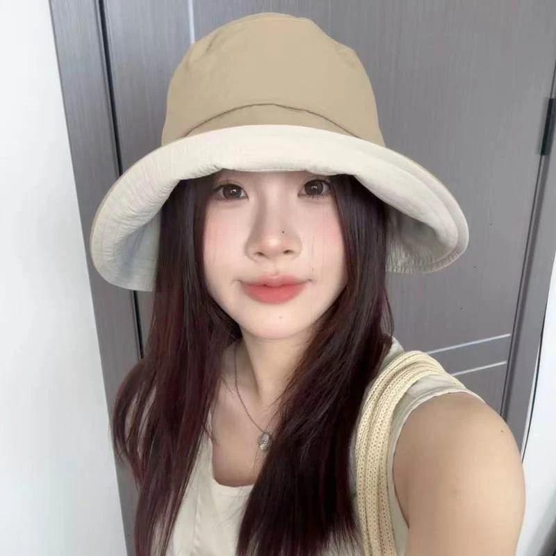 夏季新款日系渔夫帽子女款大檐拼色水桶帽出行休闲百搭防晒遮阳帽