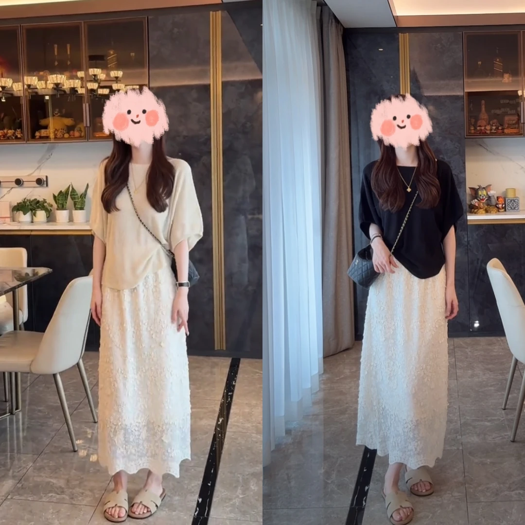 夏季新款天丝亚麻宽松针织上衣重工提花亮片显瘦半身长裙两件套