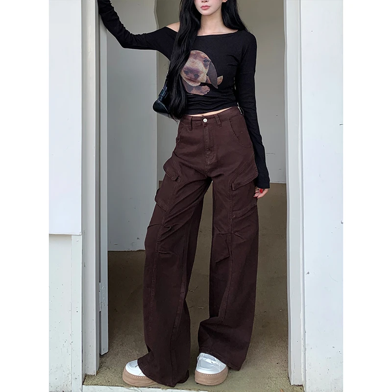 窄版水洗褶皱口袋直筒牛仔裤女2025年秋季新款高腰显瘦休闲工装裤