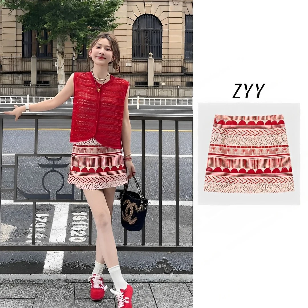 ZYY【浮世织梦】2025S/S新品夏季红色印花显瘦半裙女X25XDQ01247