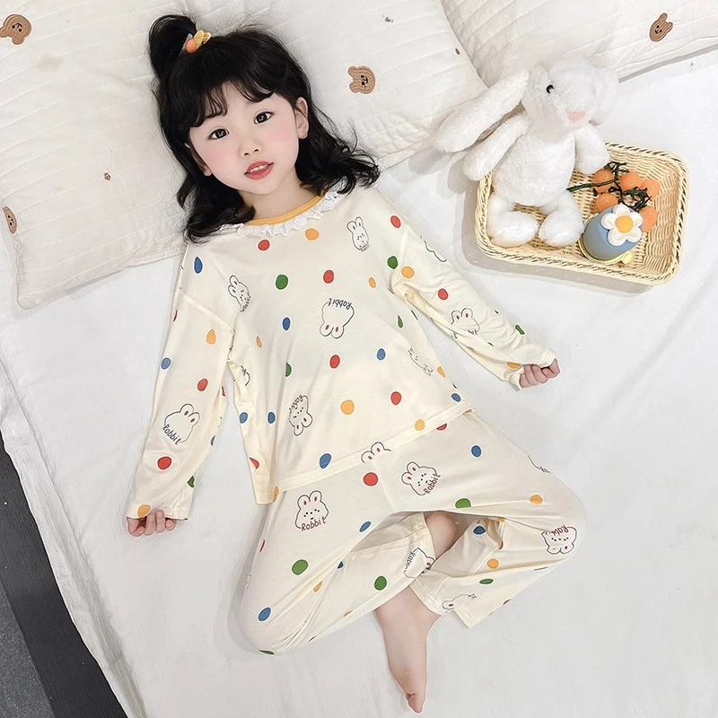 儿童家居服女童莫代尔睡衣春秋小女孩宝宝长袖空调服可爱套装夏季