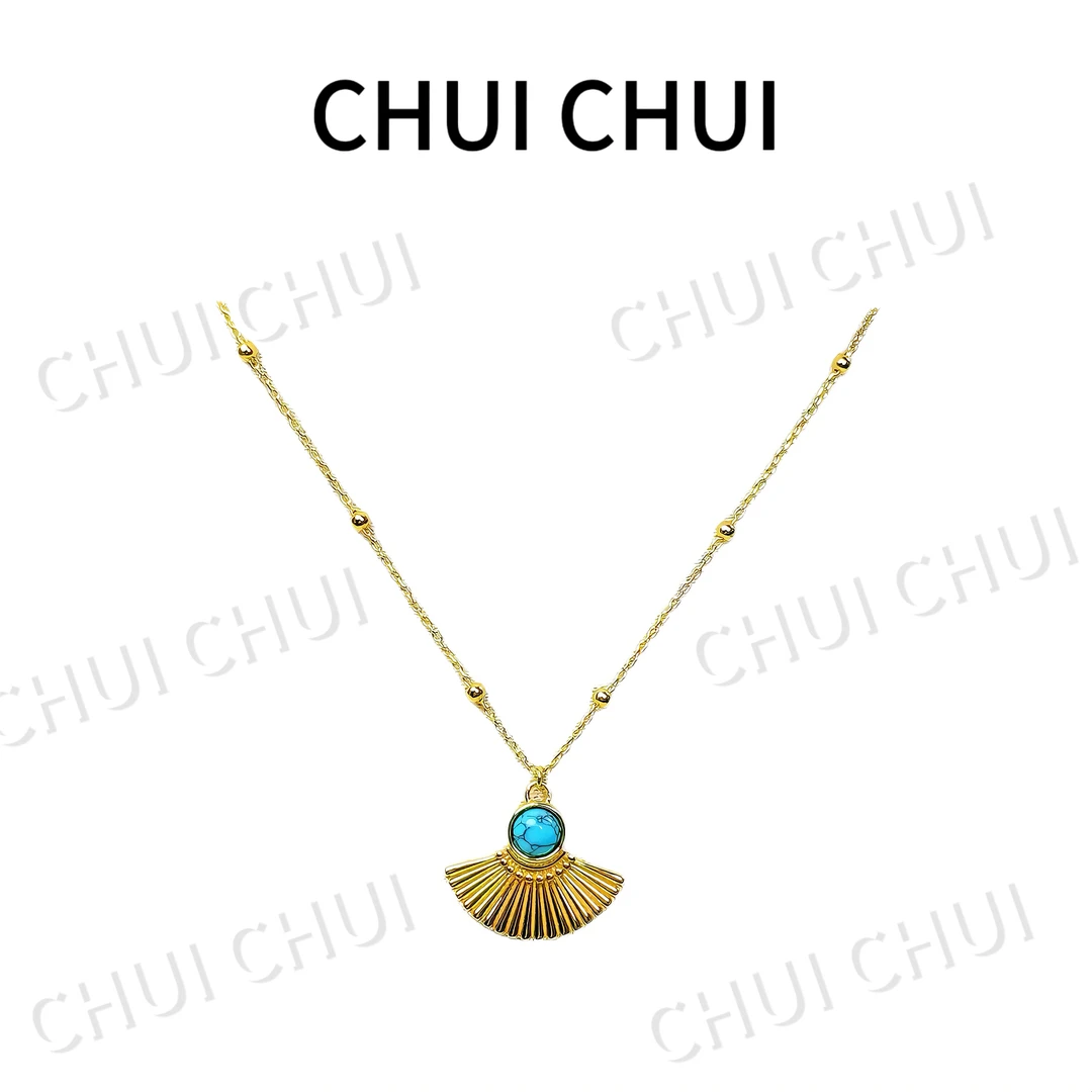 铜合金珐琅项链 铜合金珐琅项链锁骨链原创设计扇形携蓝珠项链