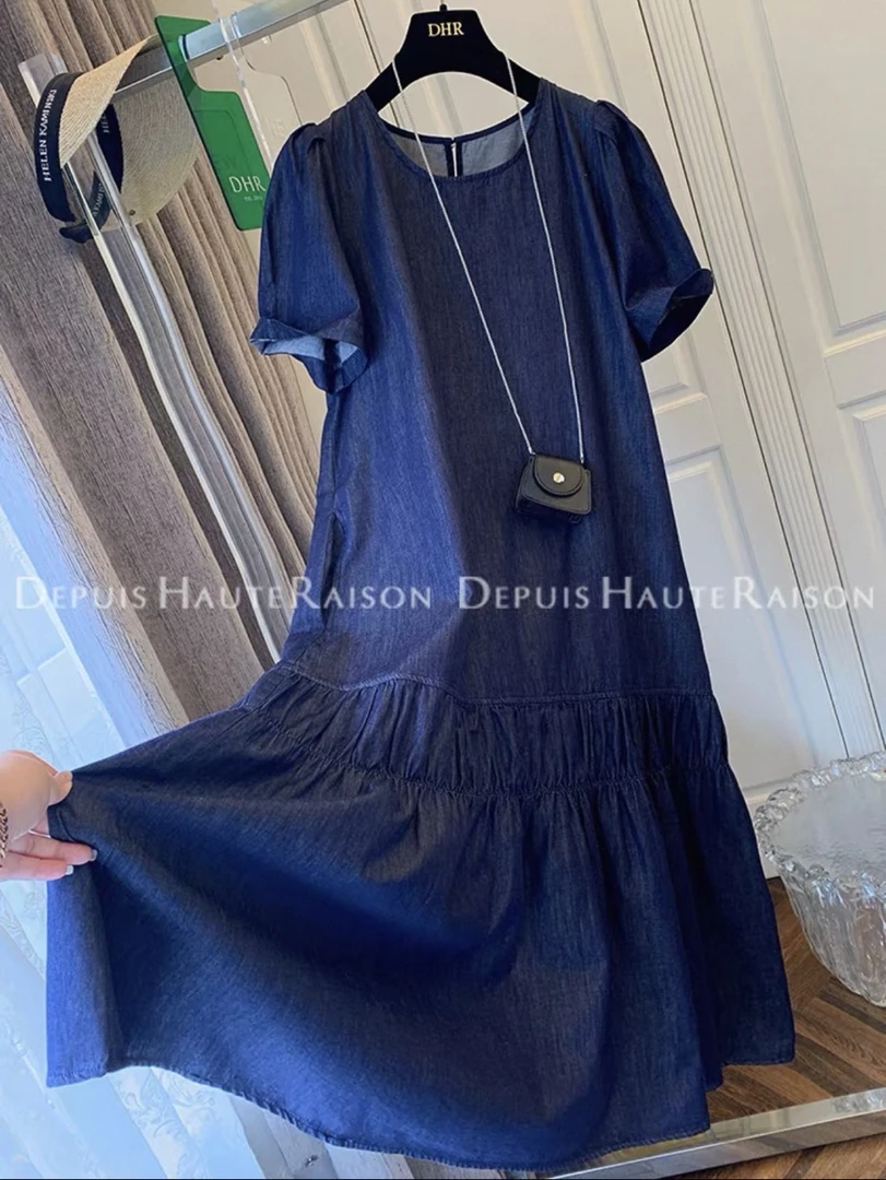 2025韩系甜美减龄冰丝牛仔大裙摆带小包项链慵懒风连衣长裙2716