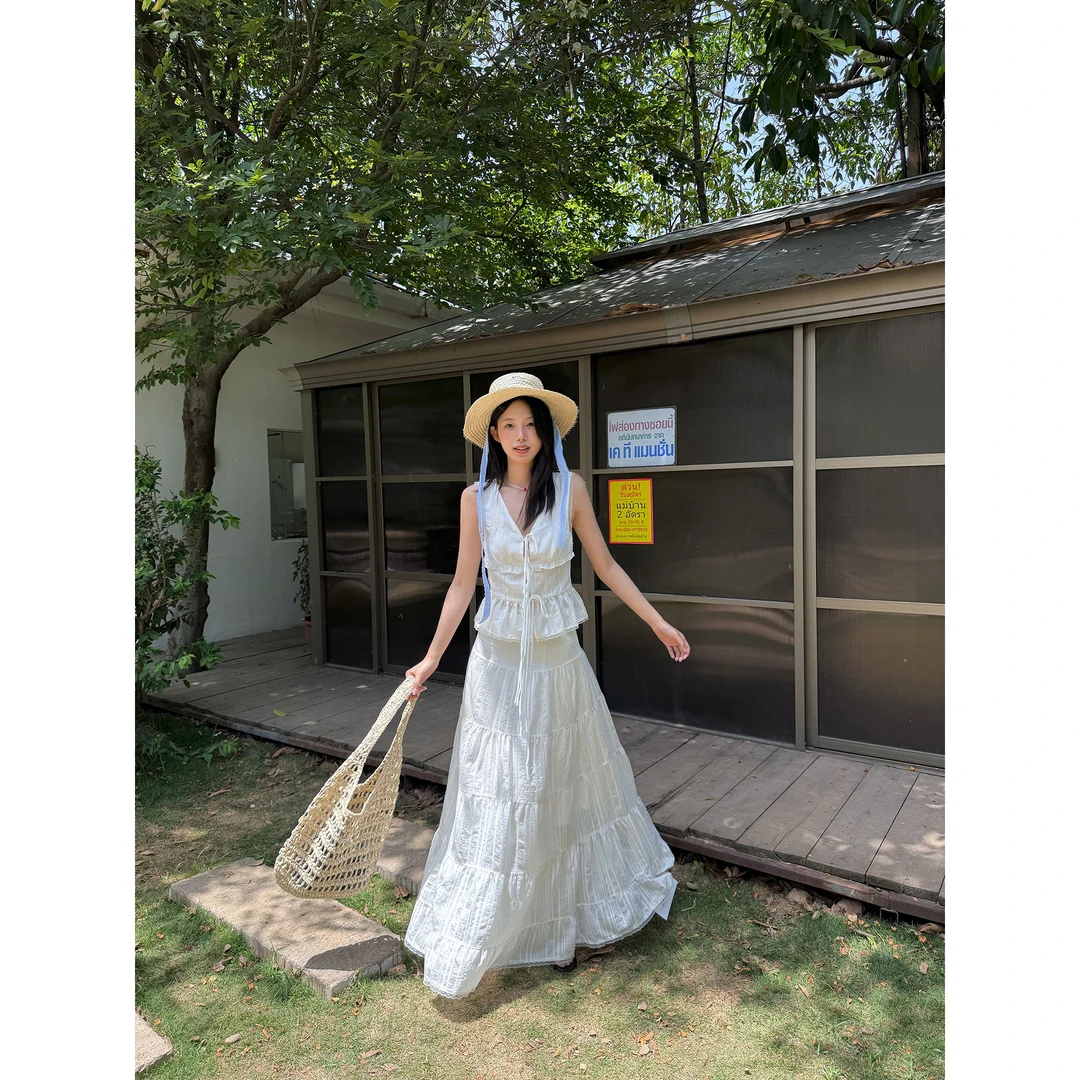 【YOUNG】韩系白色套装女夏季新款纯欲风甜美显瘦吊带半身裙两件套