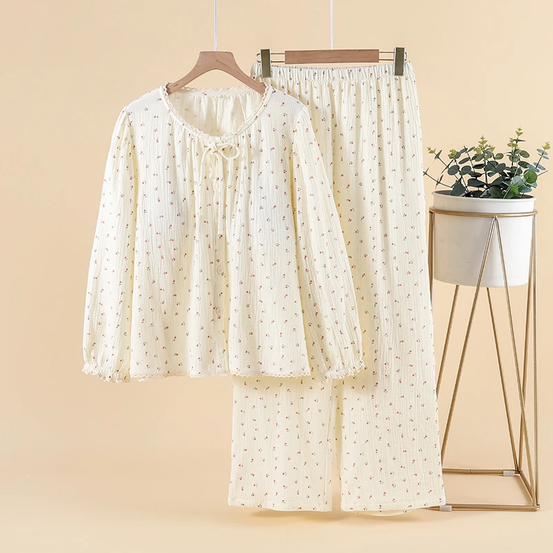 薄款睡衣女士带胸垫春秋夏季宽松大码长袖长裤套装100%全棉家居服