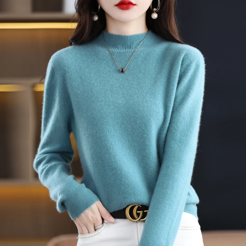 【主播推荐】半高领晴空蓝长袖针织衫套头毛衣百搭打底衫秋冬女装