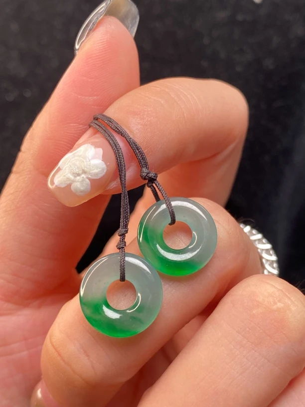 天然翡翠A货飘绿甜甜圈平安扣耳饰一对珠宝玉器