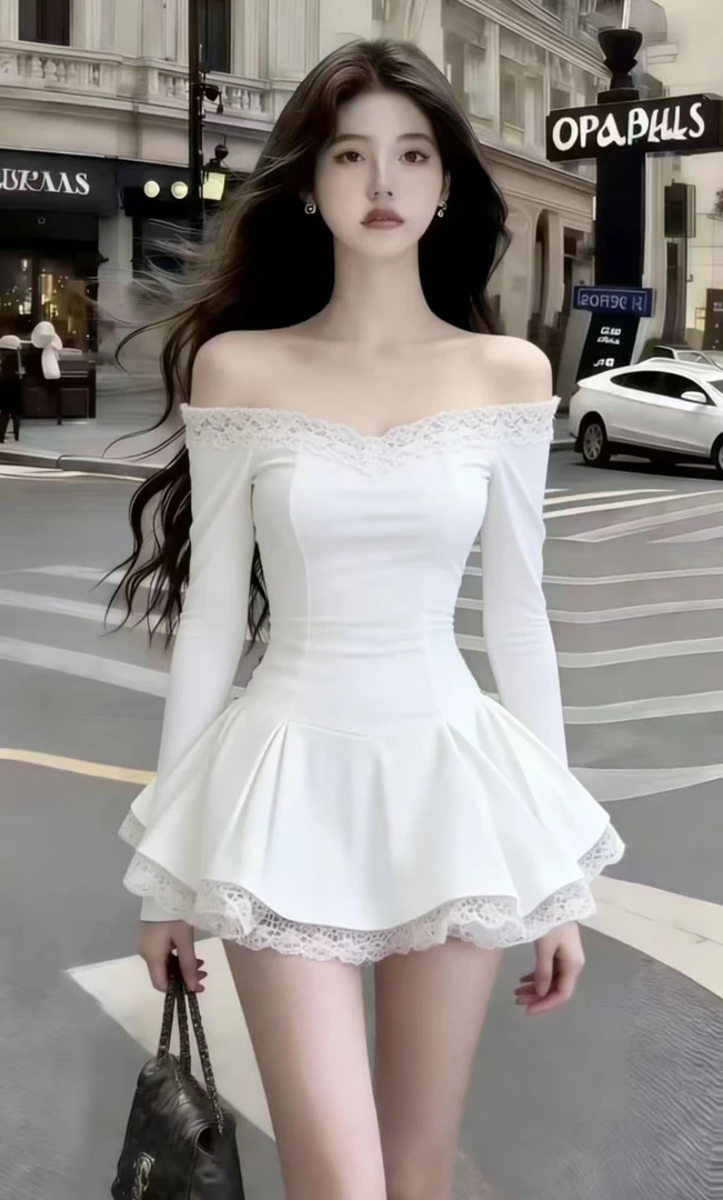 2025冬时尚新款御姐风短裙白色一字肩露肩蕾丝边长袖收腰连衣裙