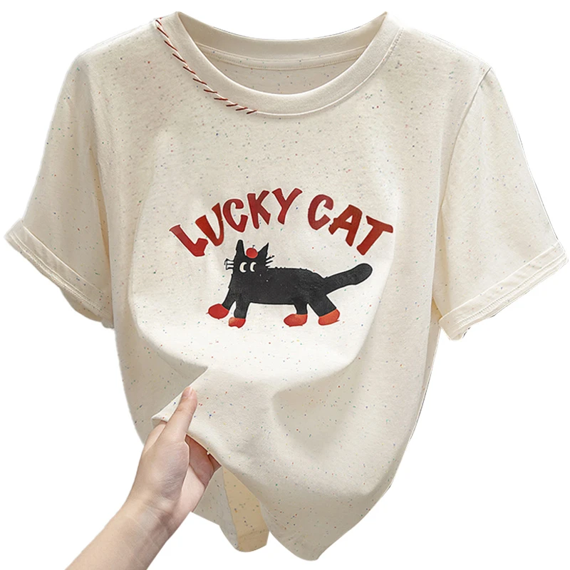 丝柏舍2025夏装新款女装宽松款卡通图案印花圆领短袖T恤S52X2746T