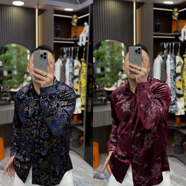 SH轻奢时尚高定男士雅痞醋酸丝绒祥云休闲衬衫 8161 8162