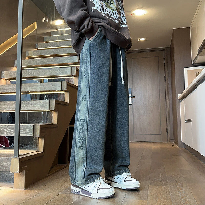 春秋季水洗牛仔裤印花百搭直筒长裤成长装少年系男士青年百搭长裤