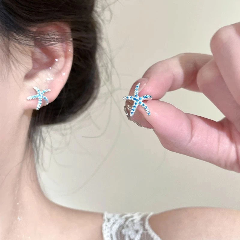 蓝色锆石海星银针耳钉女小众设计感百搭耳环时尚独特气质耳饰1824