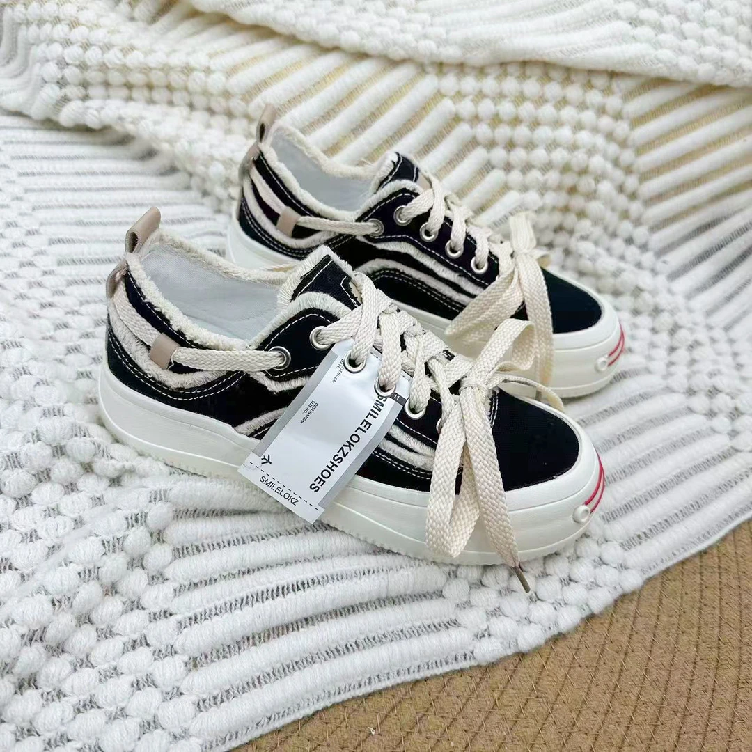 D236 黑色 开口笑帆布鞋女2024新款复古百搭时尚板鞋休闲小白鞋女