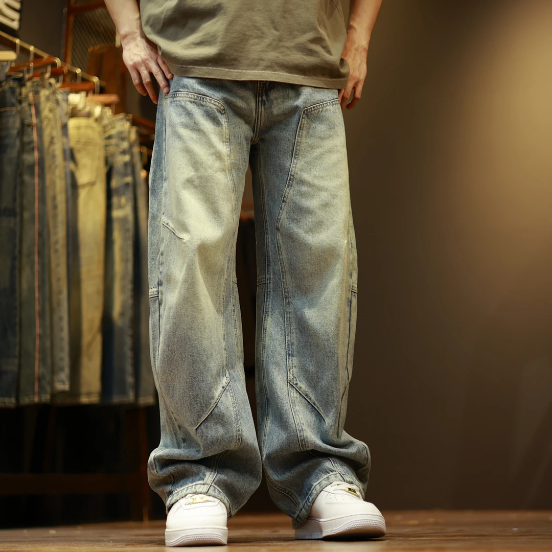 K5019宽松拼接休闲水洗潮流搭配男士复古弯刀牛仔裤