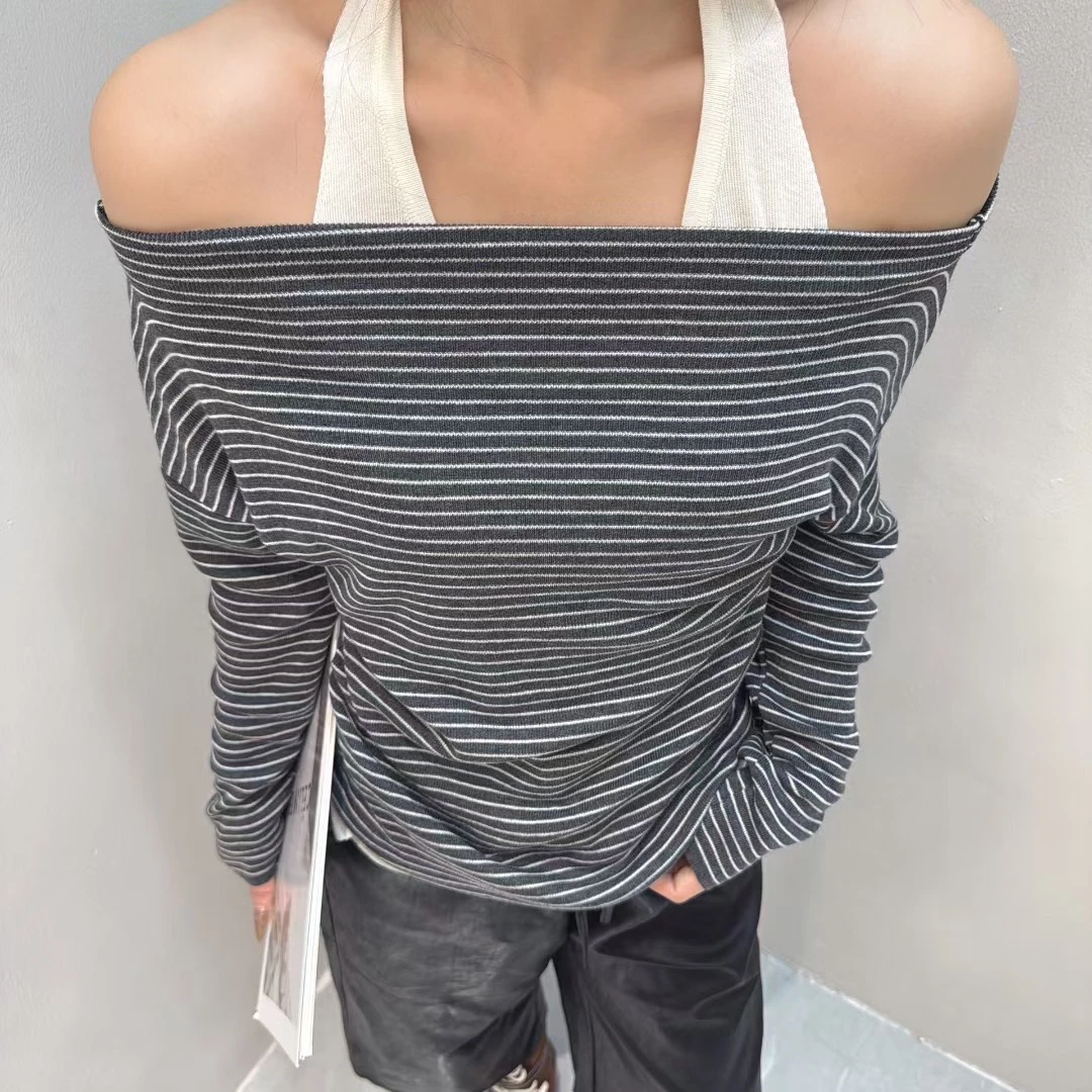 一字领短款修身打底衫辣妹风长袖抽绳T恤针织条纹防晒抹胸百搭