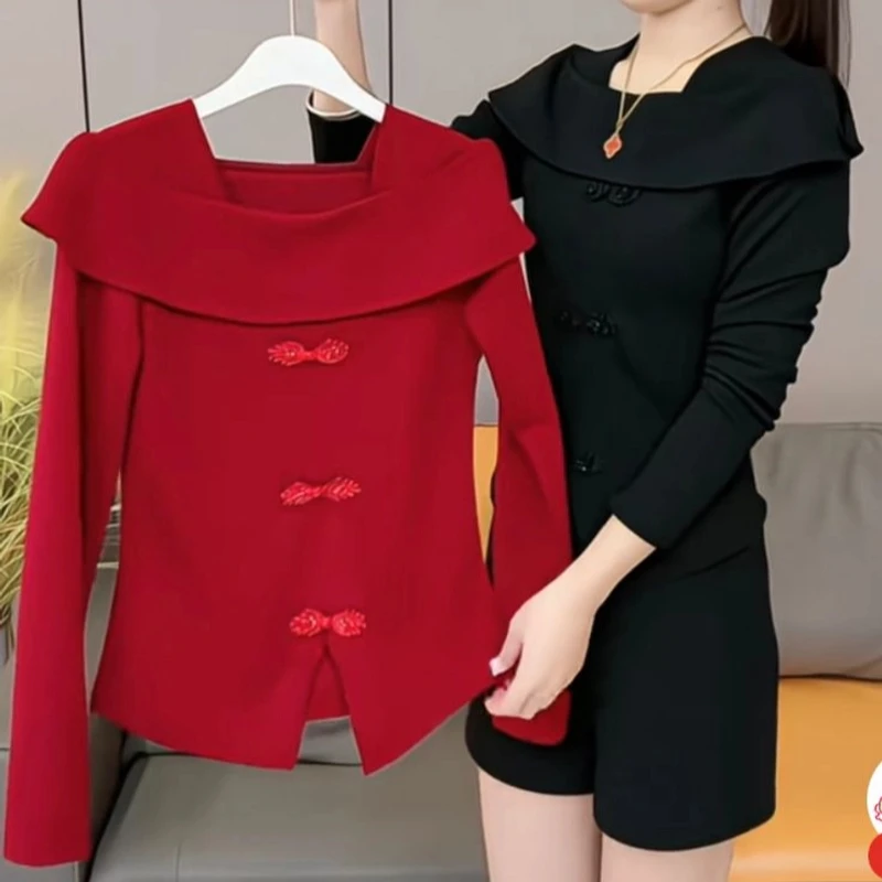 2025春秋新款气质显瘦洋气百搭时尚一字领翻领长袖上衣 披肩款