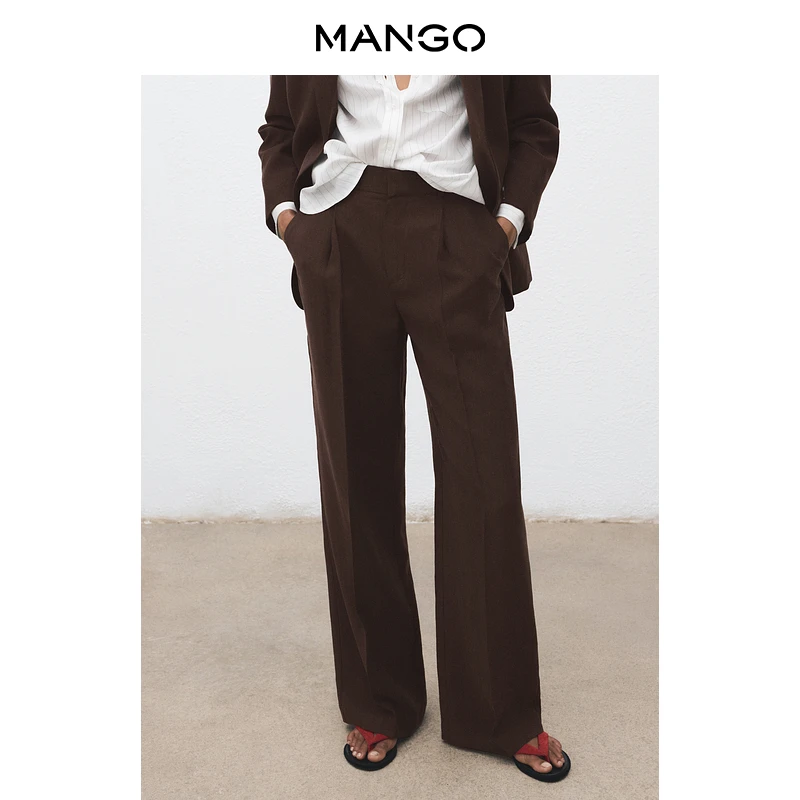 MANGO女装裤子2025秋装新款休闲复古莱赛尔透气垂感直筒西装裤