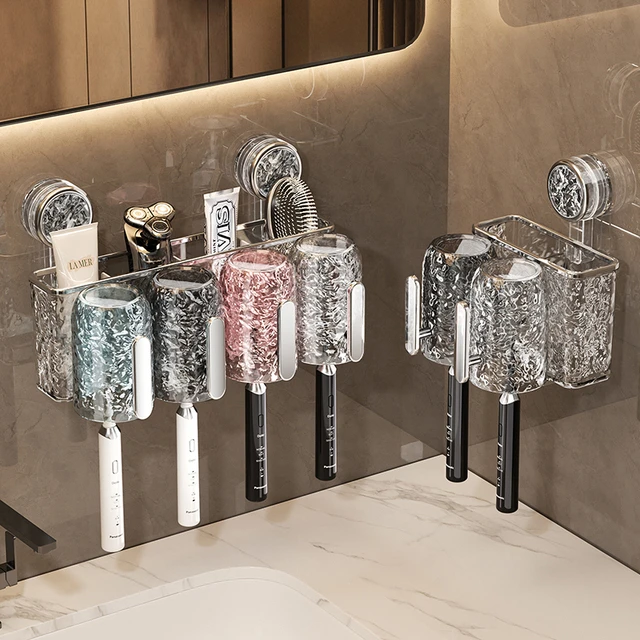 吸盘牙刷置物架带把手漱口杯家用卫生间壁挂免打孔刷牙洗漱杯套装