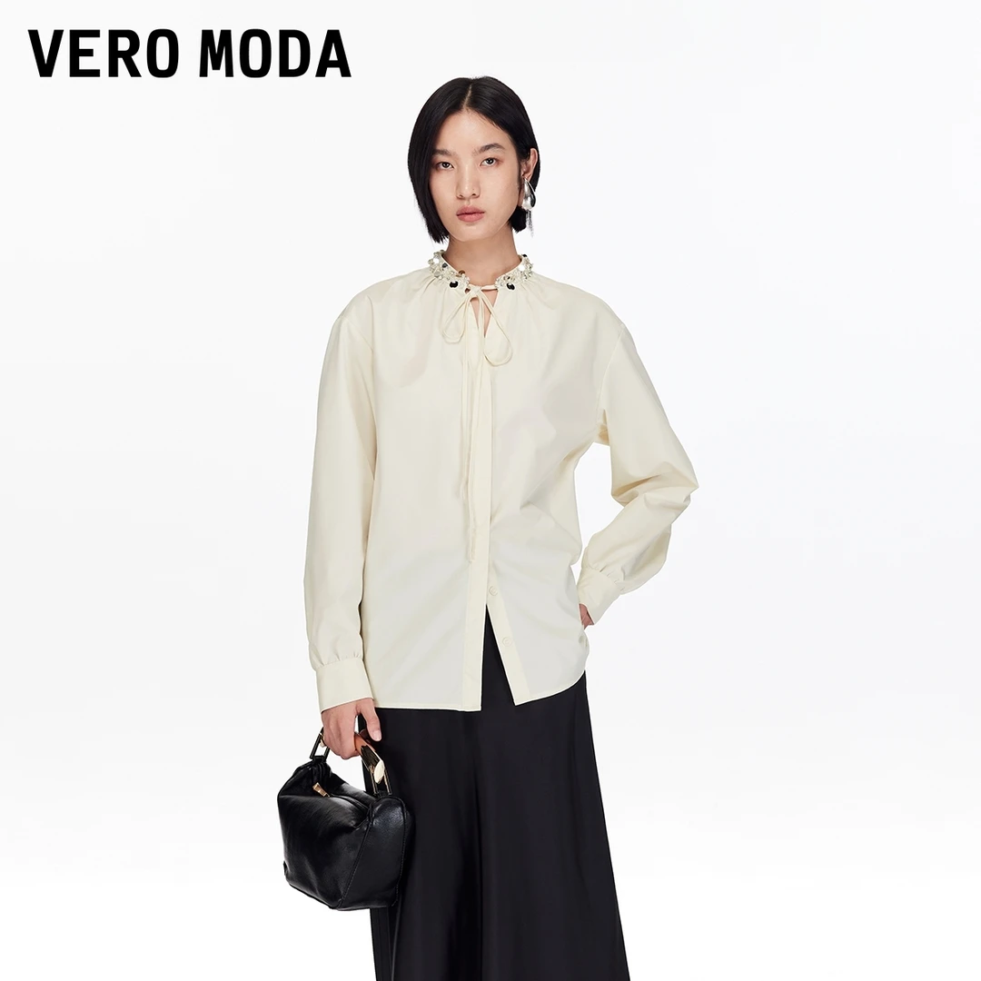 Vero Moda衬衫2025秋季新款飘带设计领口钉珠装饰白衬衫老钱风