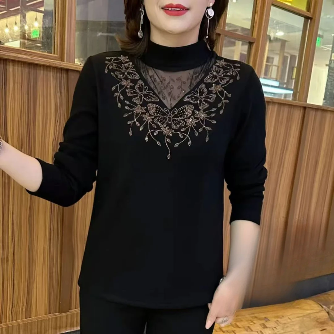 春秋款洋气打底衫女2025秋冬气质半高领镂空烫钻显瘦百搭小衫