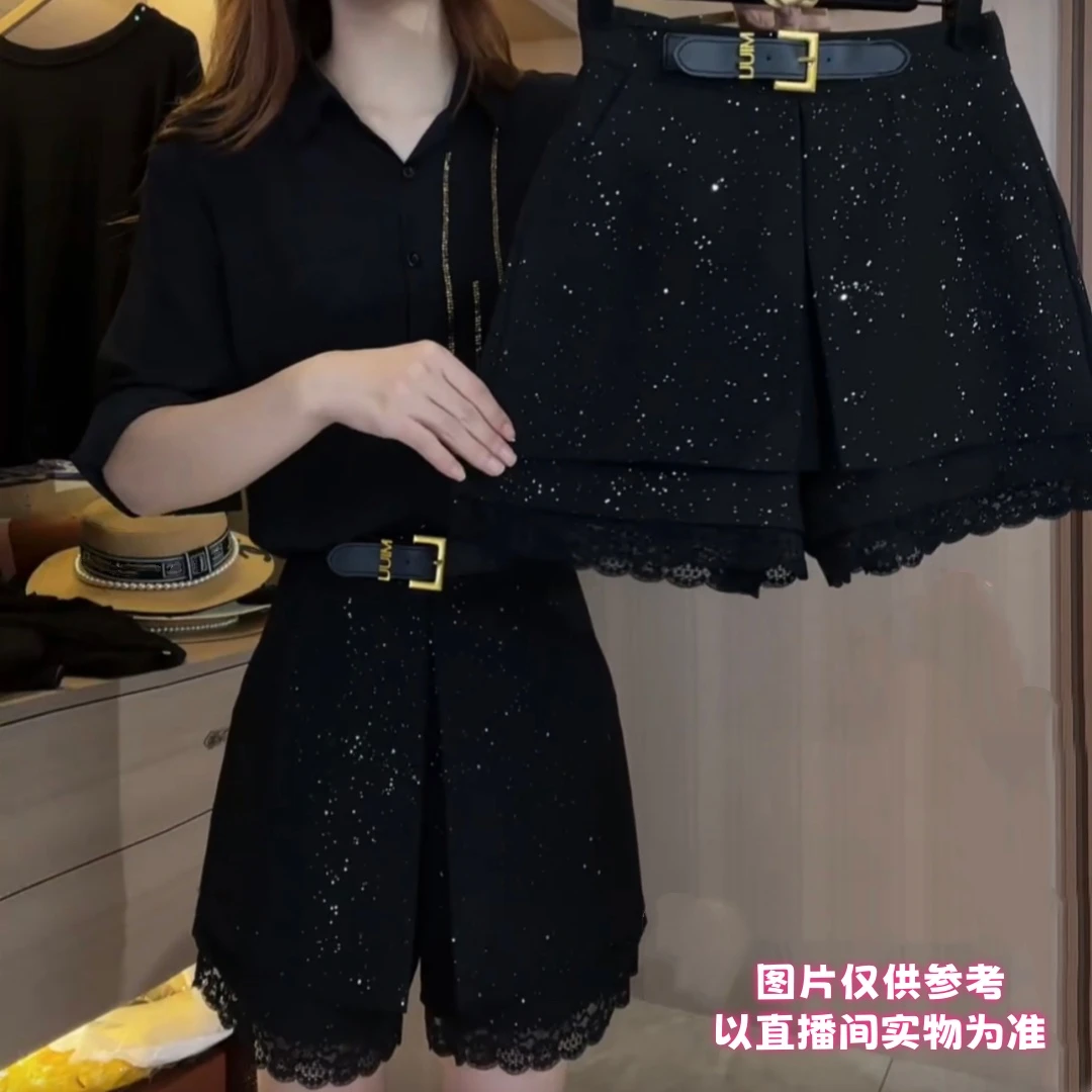 丰*秋冬亮晶晶半腰带蕾丝边短裤女A字版遮肉大码显瘦百搭