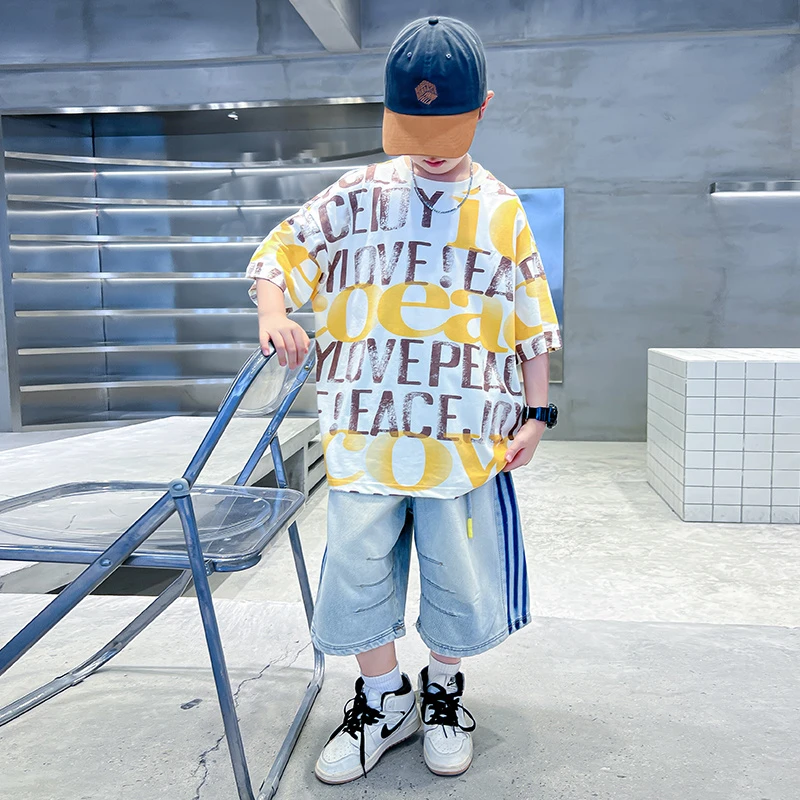 男童夏装套装儿童短袖夏款牛仔裤两件套2025新款大童帅气时髦夏季