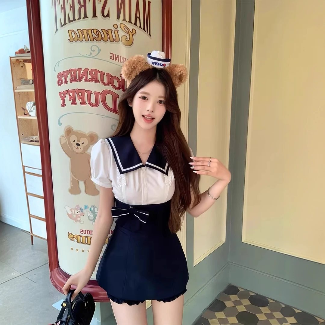 航海系少女学院风高腰裙海军风衬衫女团风收腰显瘦纯欲辣妹两件套